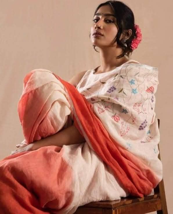 Handwoven Pure Linen Handwork Embroidery Saree