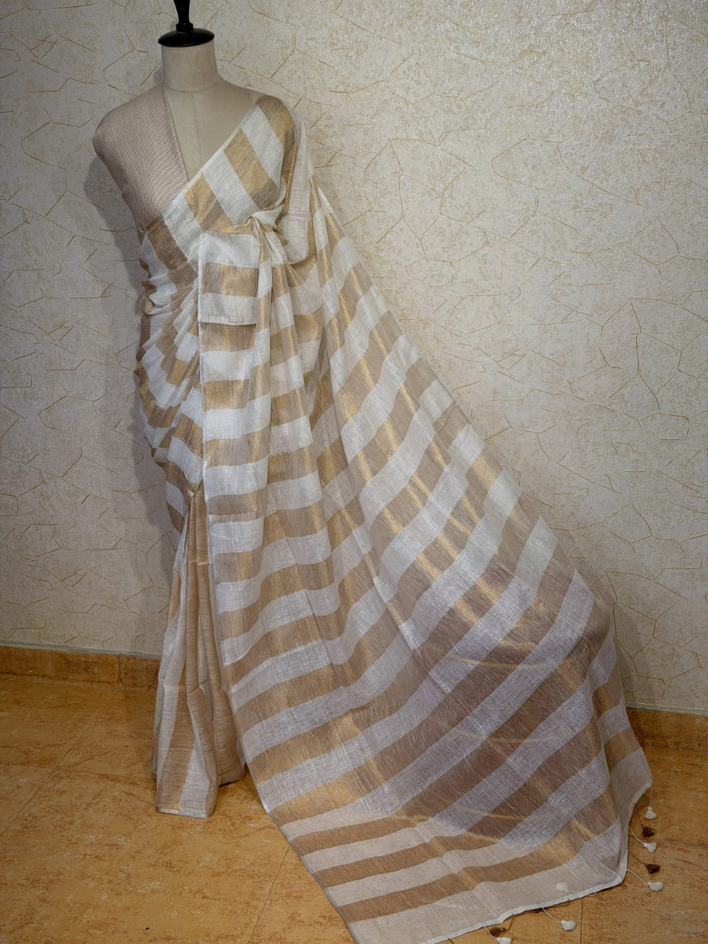 Handwoven Linen Cotton Saree – Golden Zari Stripe