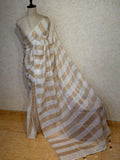 Handwoven Linen Cotton Saree – Golden Zari Stripe
