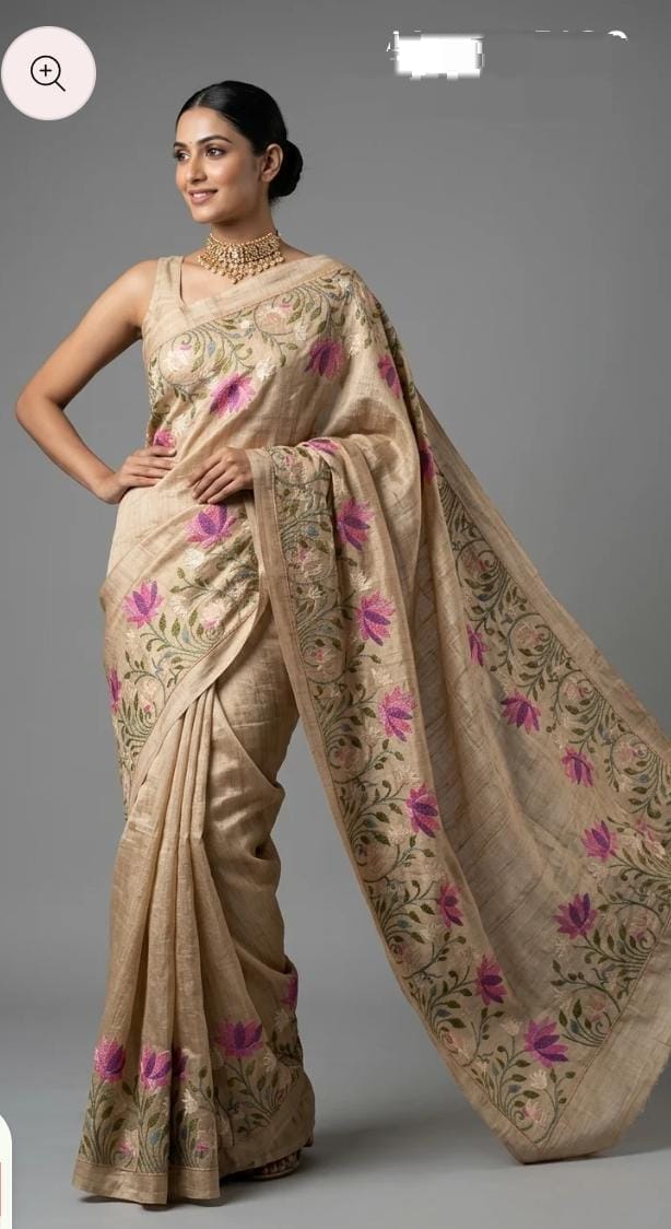 Handwoven Desi Tussar Silk Saree | Golden Beige Lotus Floral Embroidery