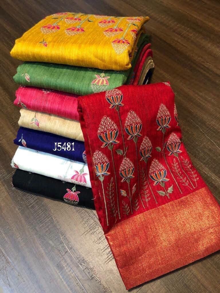 Silk Cotton Embroidery Saree – Lotus Floral Embroidery with Zari Border