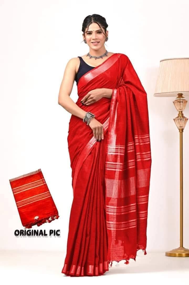 Handwoven Cotton sarees|.  Red Silver Zari Border| Bhagalpur Handloom