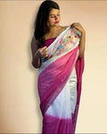 Pure Linen Saree – Pink & White Ombre with Hand Embroidery