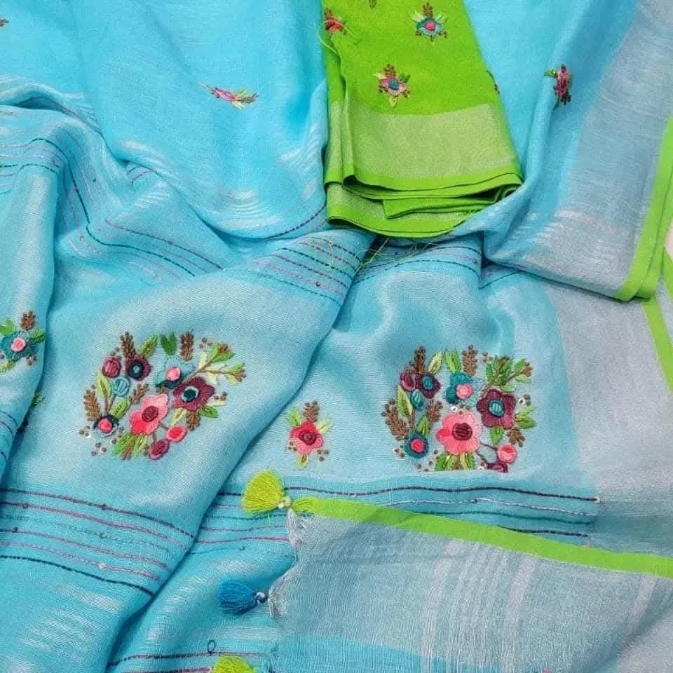 Handwoven Pure Linen Hand Embroidery Saree – Mauve Rose | Silver Zari Border