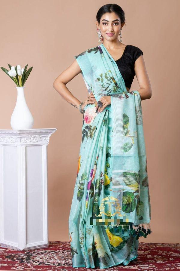 Handwoven Pure Linen Digital Tropical Print Saree with Silver Zari Border