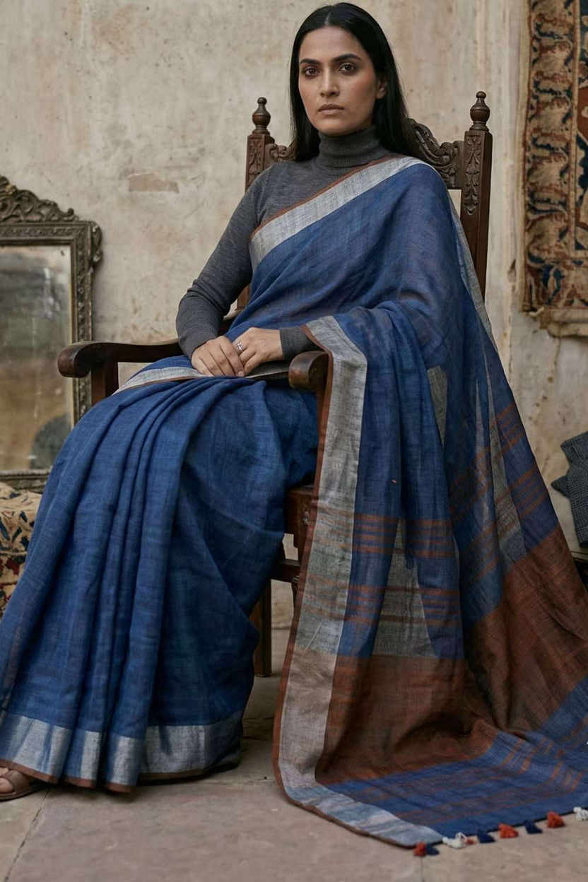 Pure Linen Saree with Zari Border & Tassel Pallu