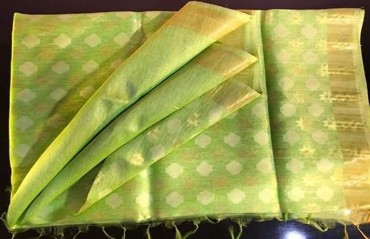 Parrot Green Bhagalpur Silk Linen Saree | Golden Zari Weaving Pallu Design