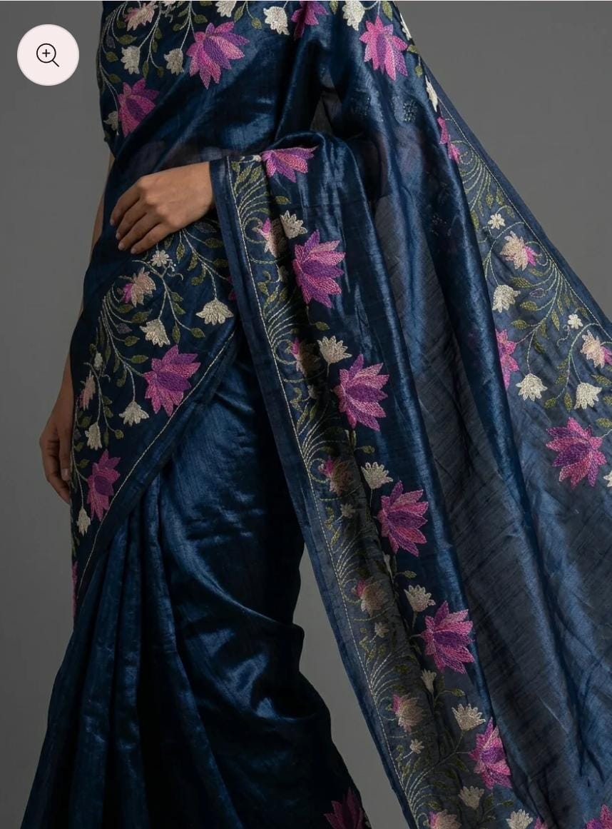 Handwoven Desi Silk Saree | Navy Blue Pink Lotus Floral Embroidery
