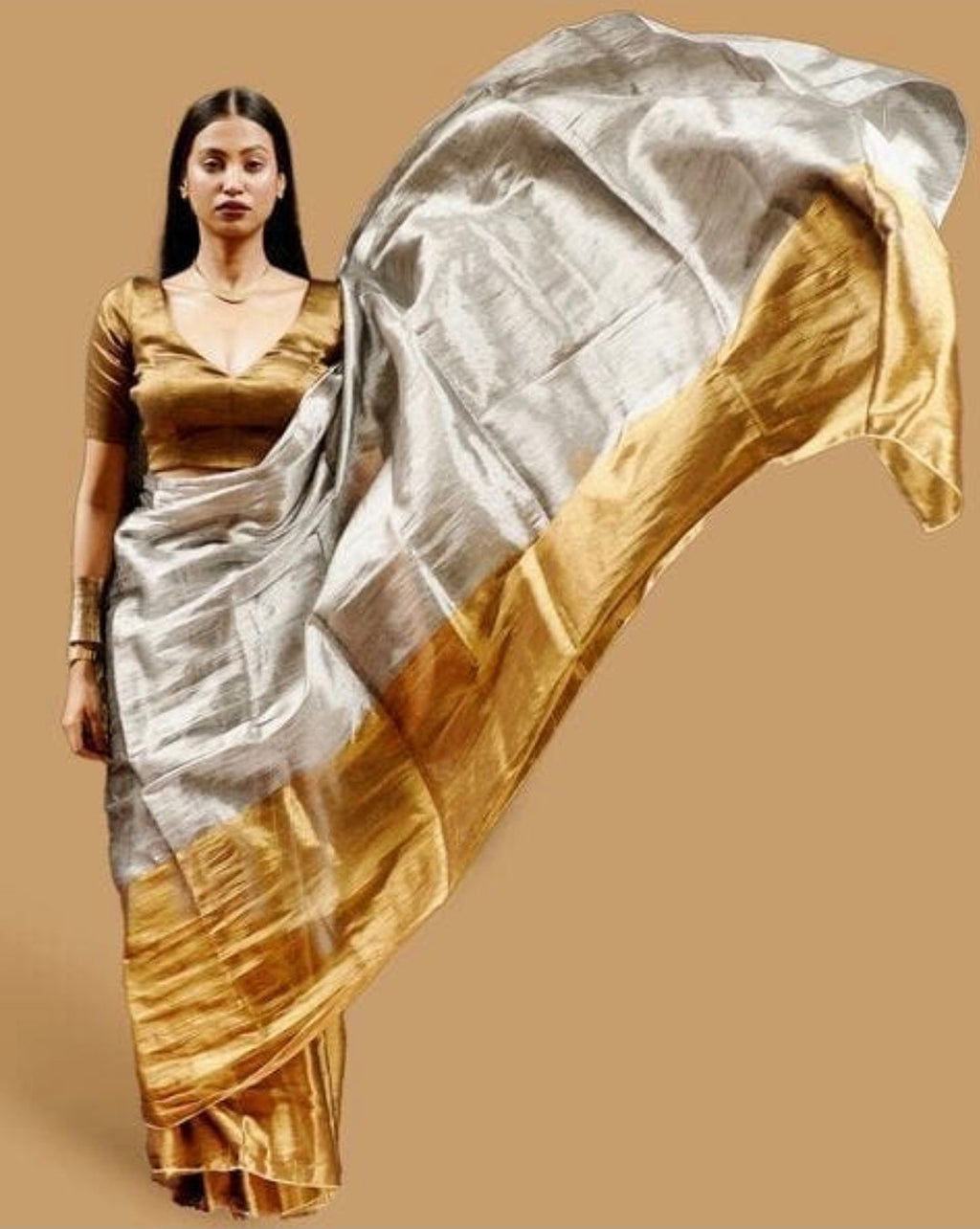 Handwoven Silver & Gold Zari Saree – Silver by Golden Half Wave Design