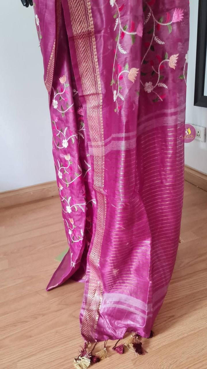 Kota Silk Linen Saree with Golden Zari Border | Floral Embroidery