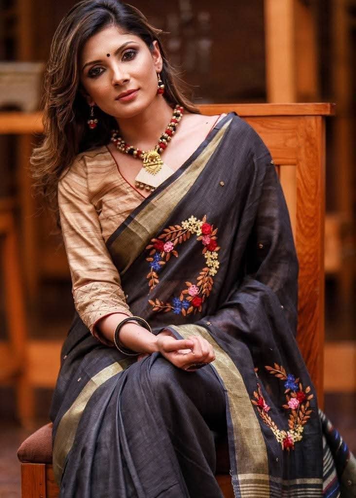 Handwoven Pure Linen Saree with Hand Embroidery Floral Wreath & Golden Zari Border