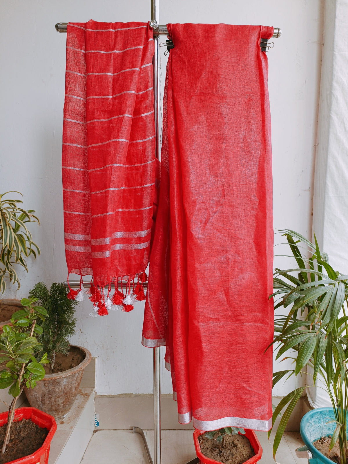 Handwoven Pure Linen Saree with Silver Half Inch Zari Border & Tassels