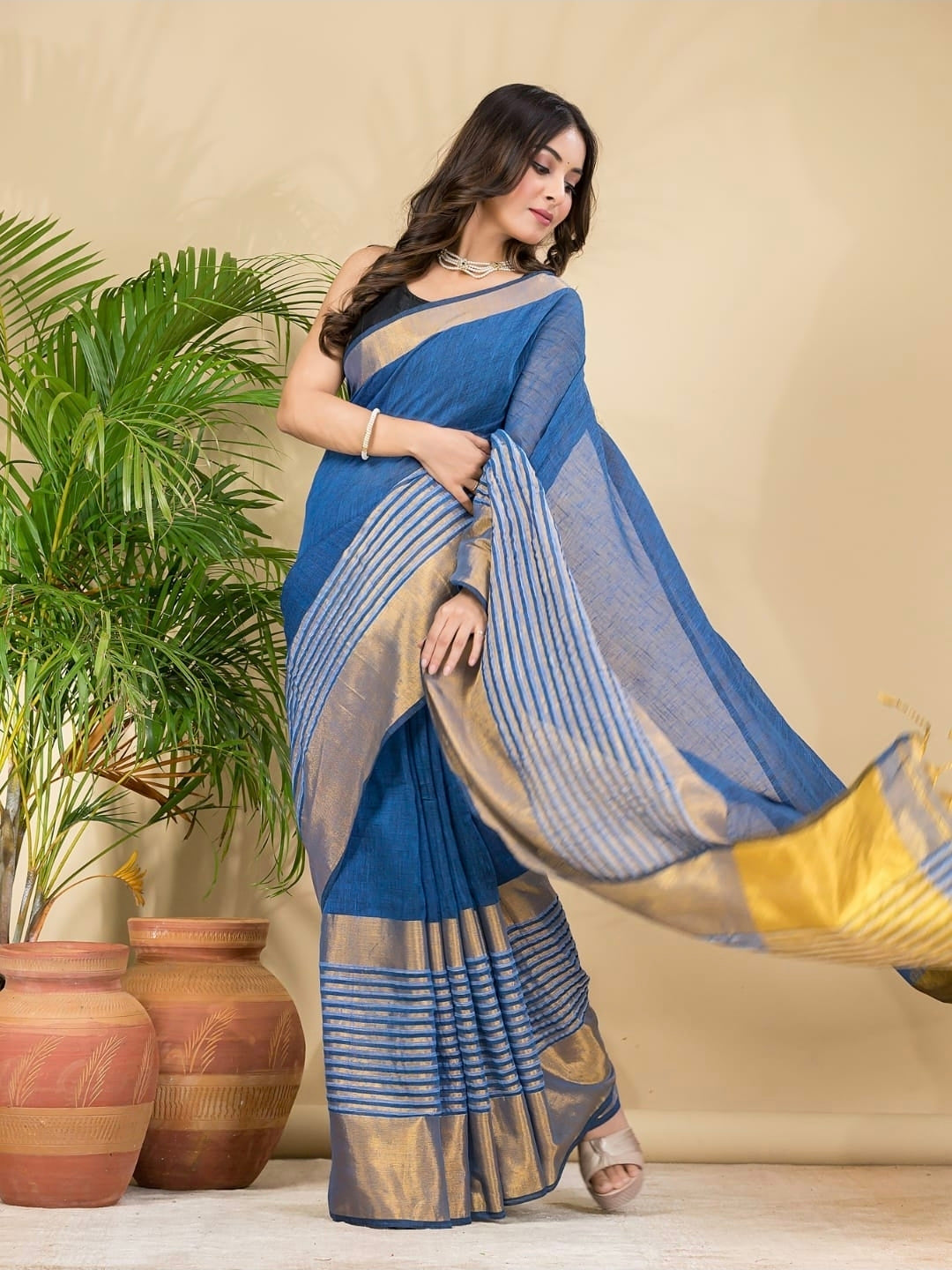 Handwoven Pure Linen Saree Golden zari Border