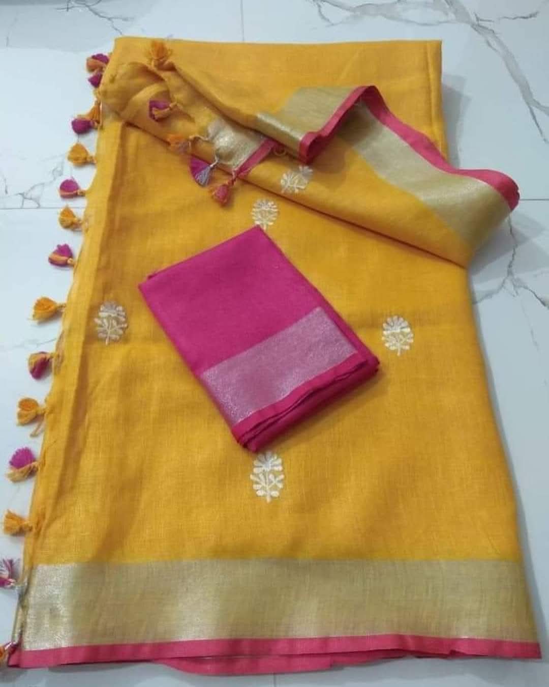 Handwoven Pure linen Embroidery Sarees