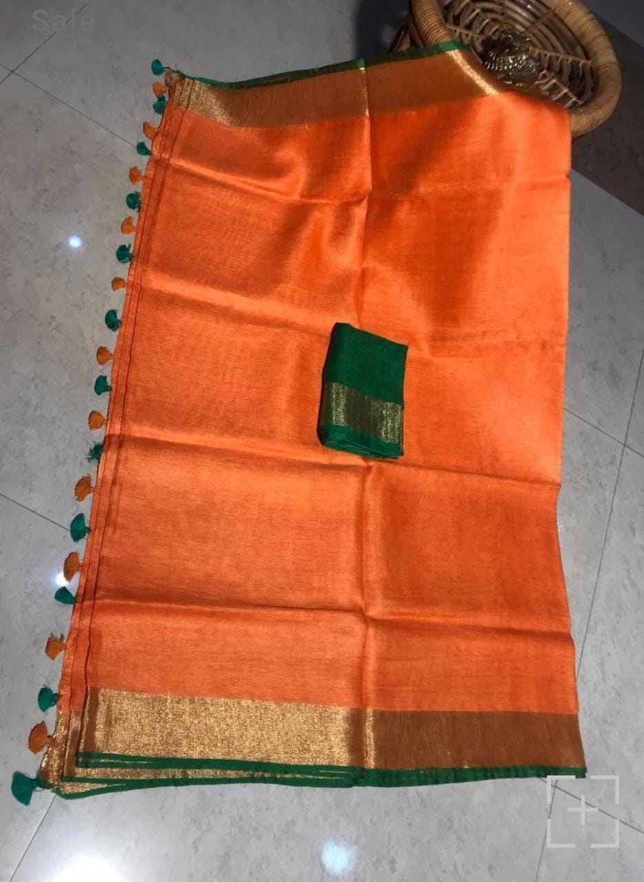 Handwoven Pure Linen Saree with Golden Zari Border