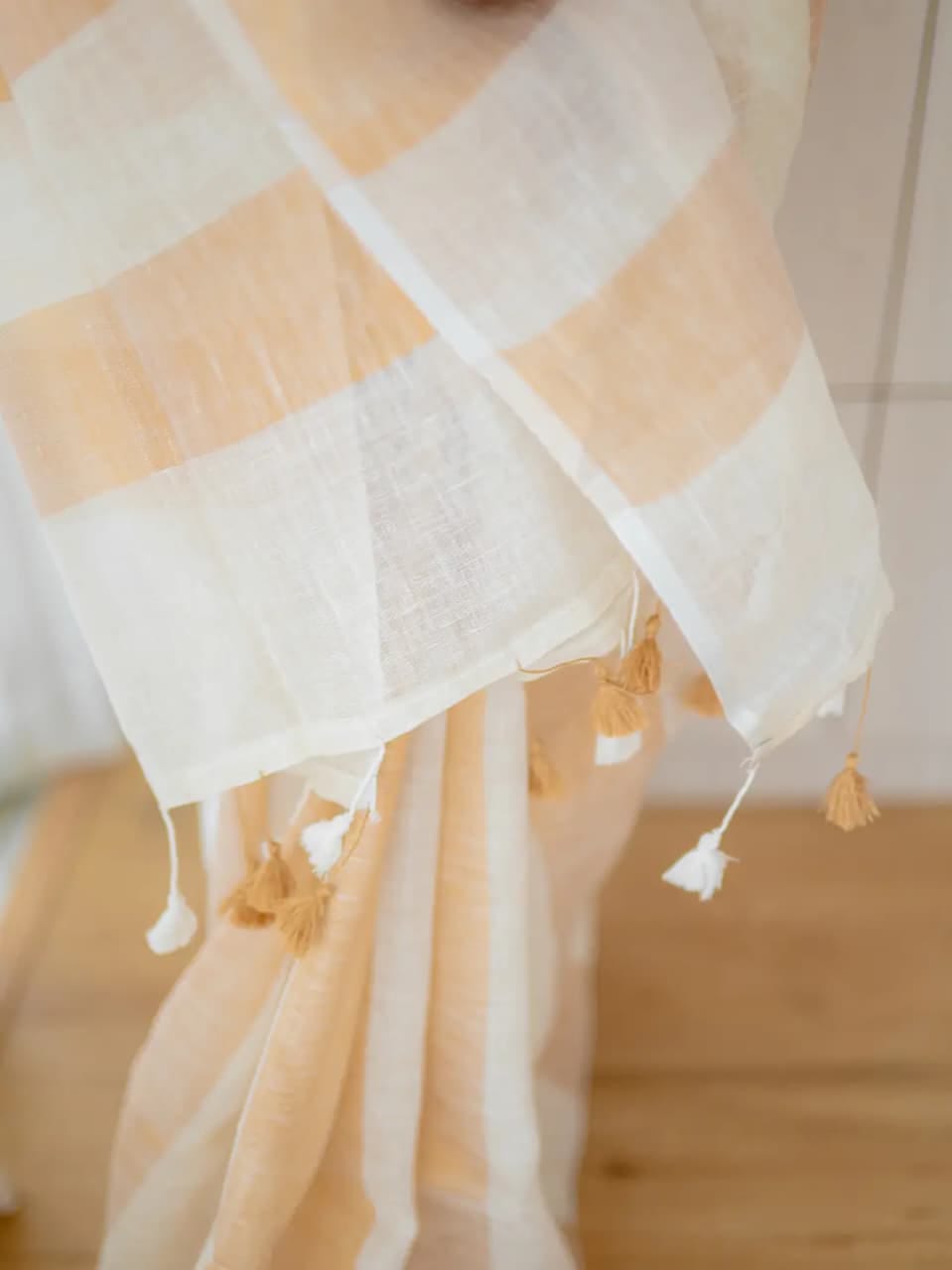 Handwoven Pure Linen Saree | Copper Zari Border