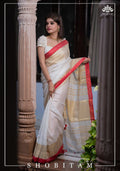 Handwoven Pure Linen Saree | Golden Zari with Red Papin Border