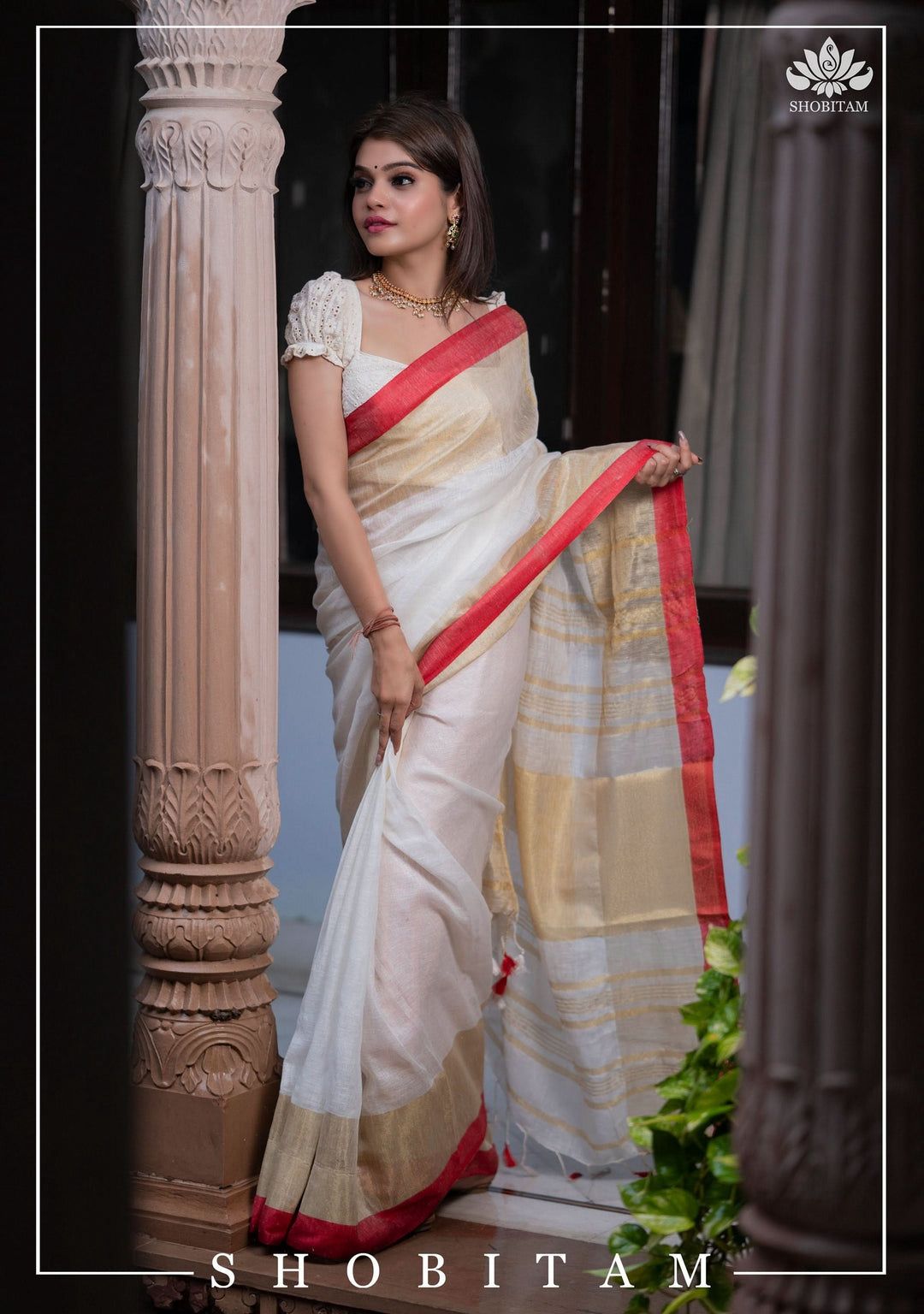 Handwoven Pure Linen Saree | Golden Zari with Red Papin Border