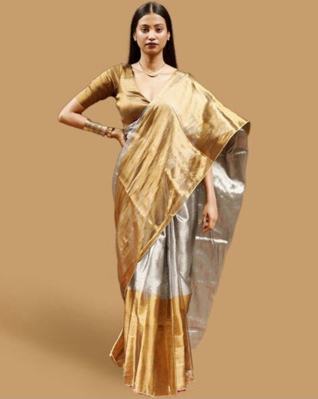 Handwoven Silver & Gold Zari Saree – Silver by Golden Half Wave Design