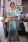 Handwoven Linen Cotton Saree with Zari Border