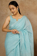 Handwoven Linen Saree with Silver Zari Border
