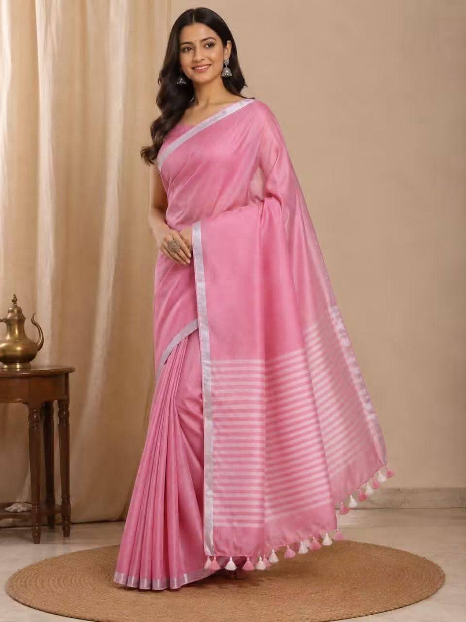 Handwoven Pure Linen Saree| Purple Silver Zari Border
