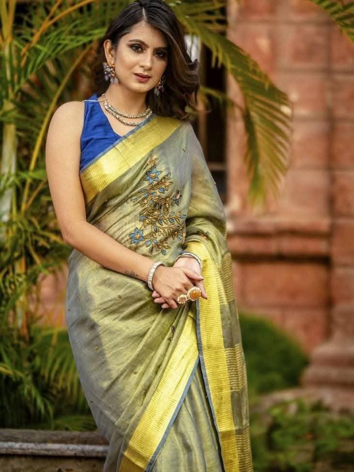 Handwoven Tissue Linen Saree with Hand Embroidery