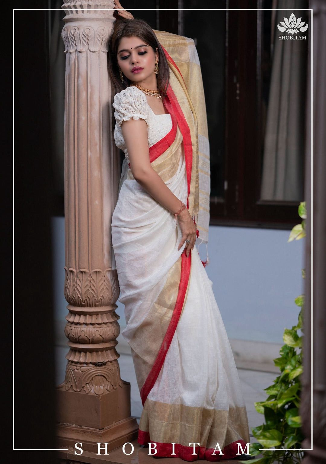 Handwoven Pure Linen Saree | Golden Zari with Red Papin Border