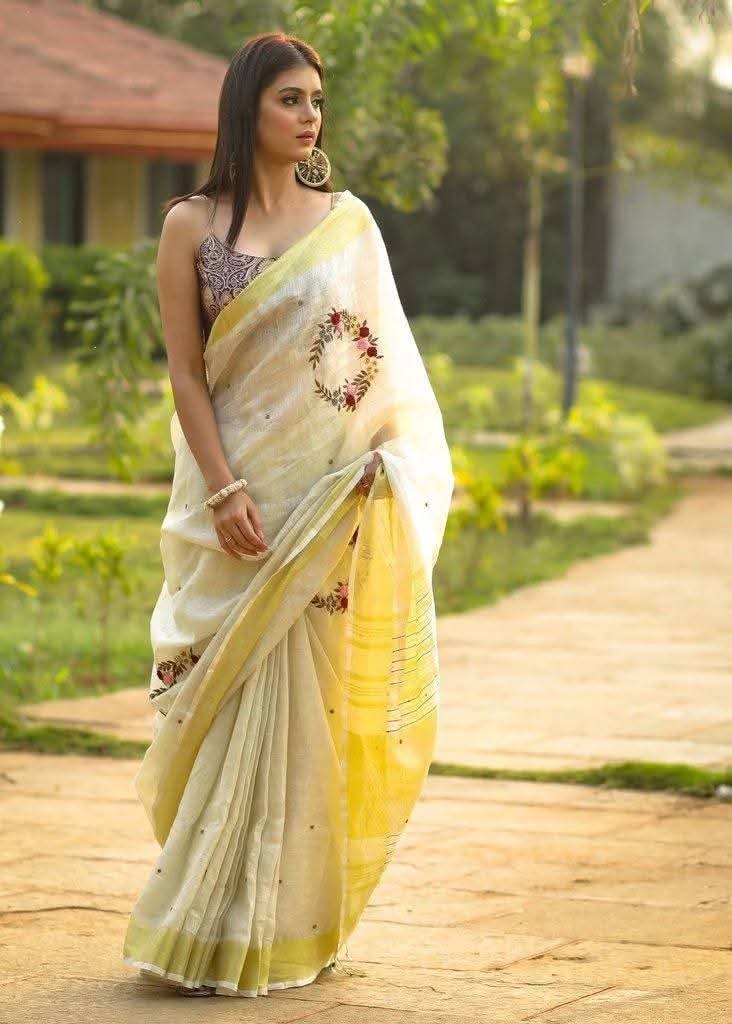 Handwoven Pure Linen Floral Wreath Handwork Embroidery Saree