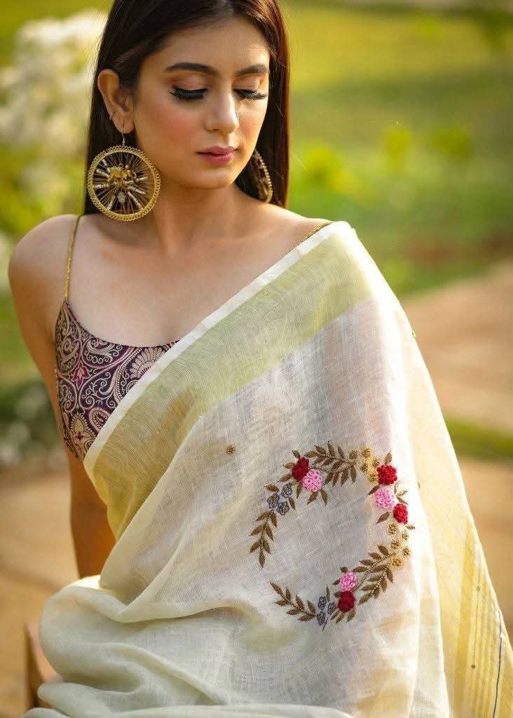 Handwoven Pure Linen Floral Wreath Handwork Embroidery Saree
