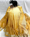 Mustard Gold Tissue Linen Saree with Silver Zari Border