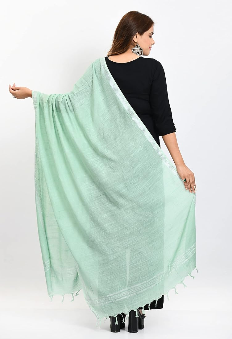 Mint Green Pure Linen Dupatta with Silver Zari Border