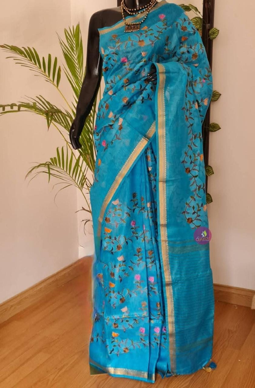 Kota Silk Linen Saree with Golden Zari Border | Floral Embroidery