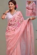 Handwoven Pure Linen Saree with Floral Handwork Embroidery | peach colour Silver Zari Border