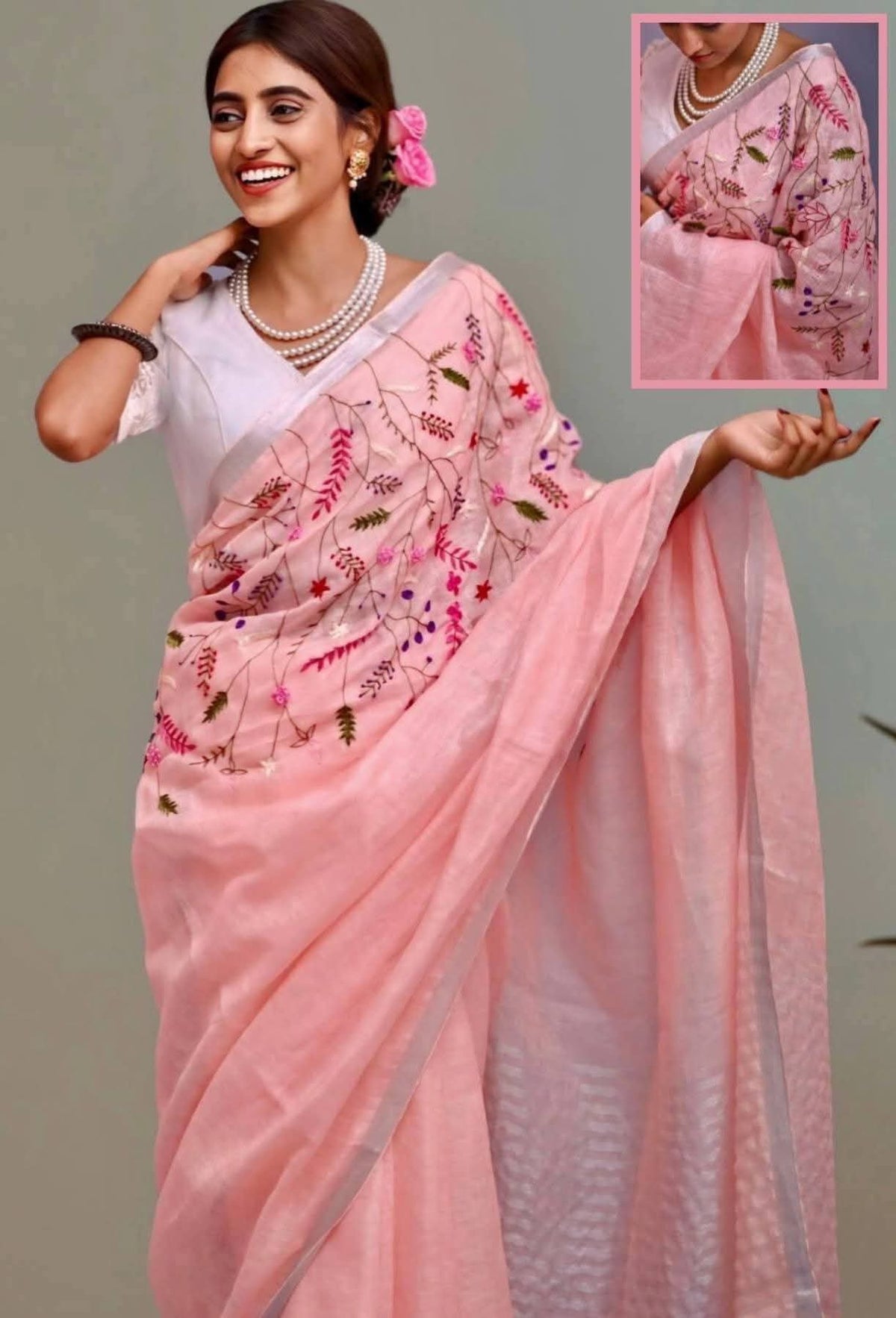 Handwoven Pure Linen Saree with Floral Handwork Embroidery | peach colour Silver Zari Border