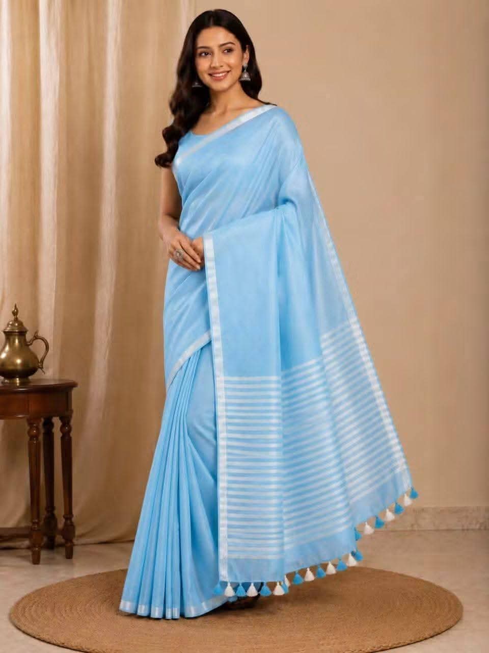 Handwoven Pure Linen Saree| Purple Silver Zari Border