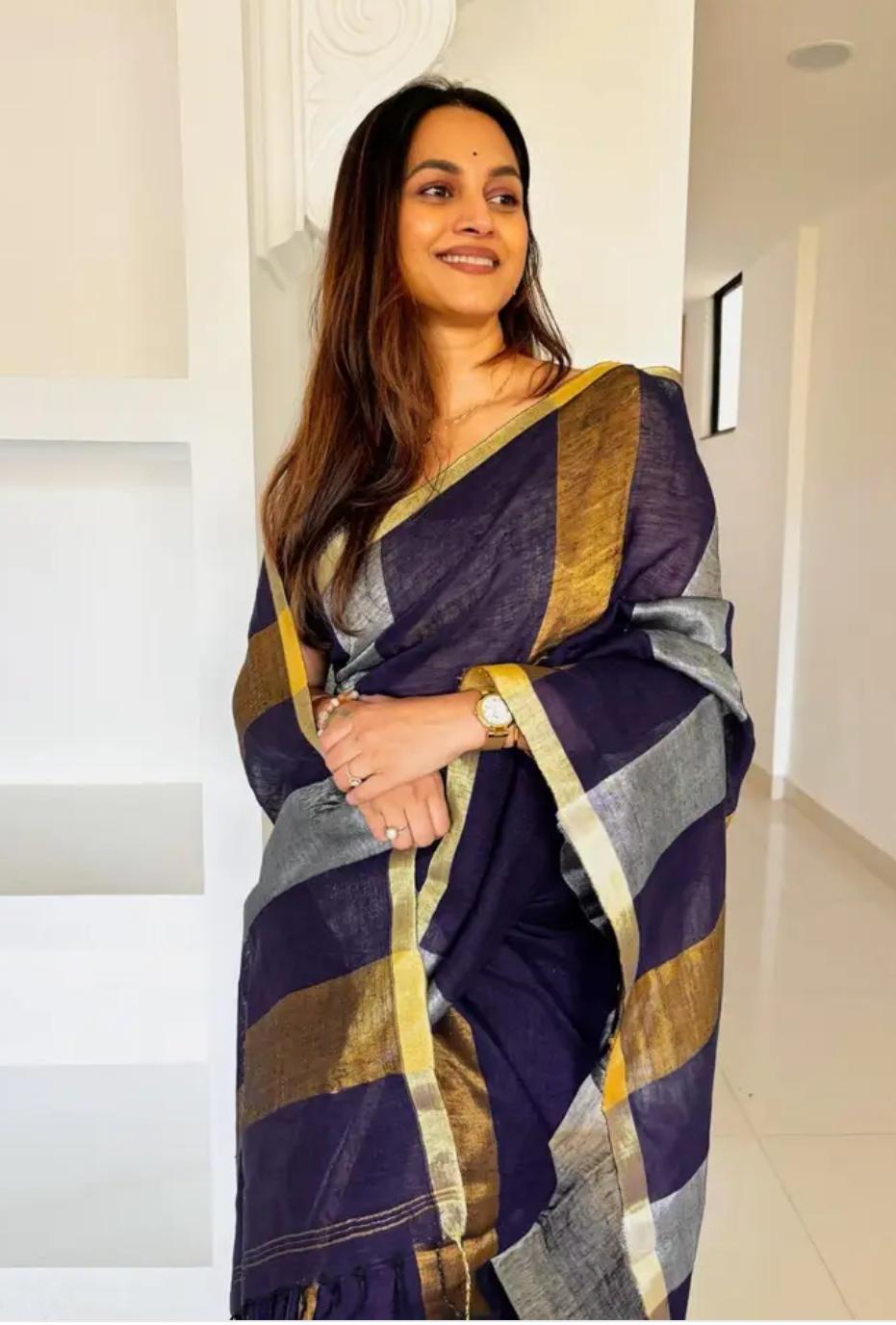 Handwoven Pure Linen Saree with Copper Zari Border | Deep Purple Multi-Stripe