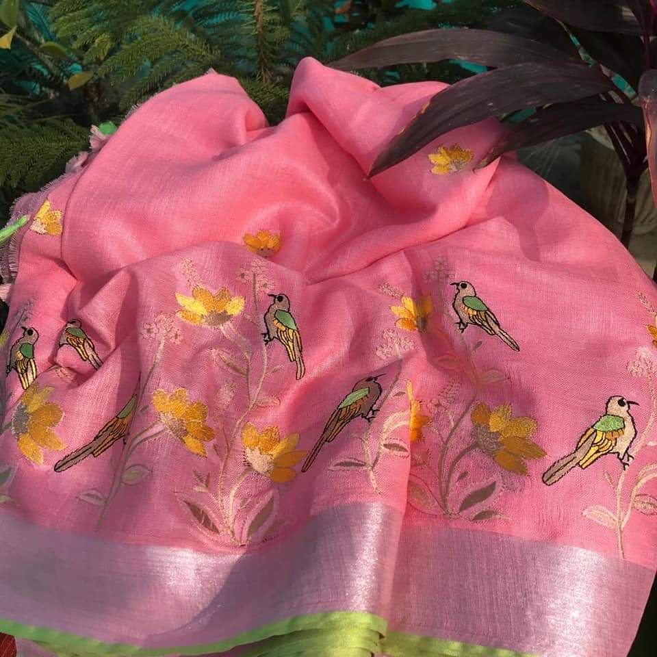 Bhagalpur Handwoven Pure Linen Saree with Silver Zari Border & Bird Embroidery