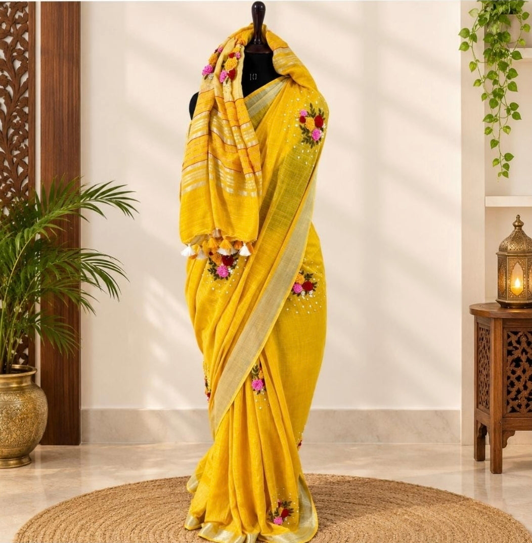 Yellow Handwoven Pure Linen Saree | Floral Embroidery | Silver Zari Border