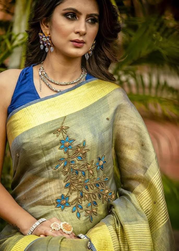 Handwoven Tissue Linen Saree with Hand Embroidery