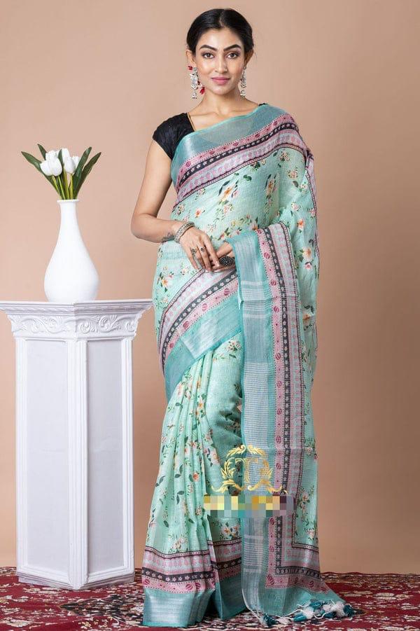 Handwoven Pure Linen Digital Print Saree with Silver Zari Border