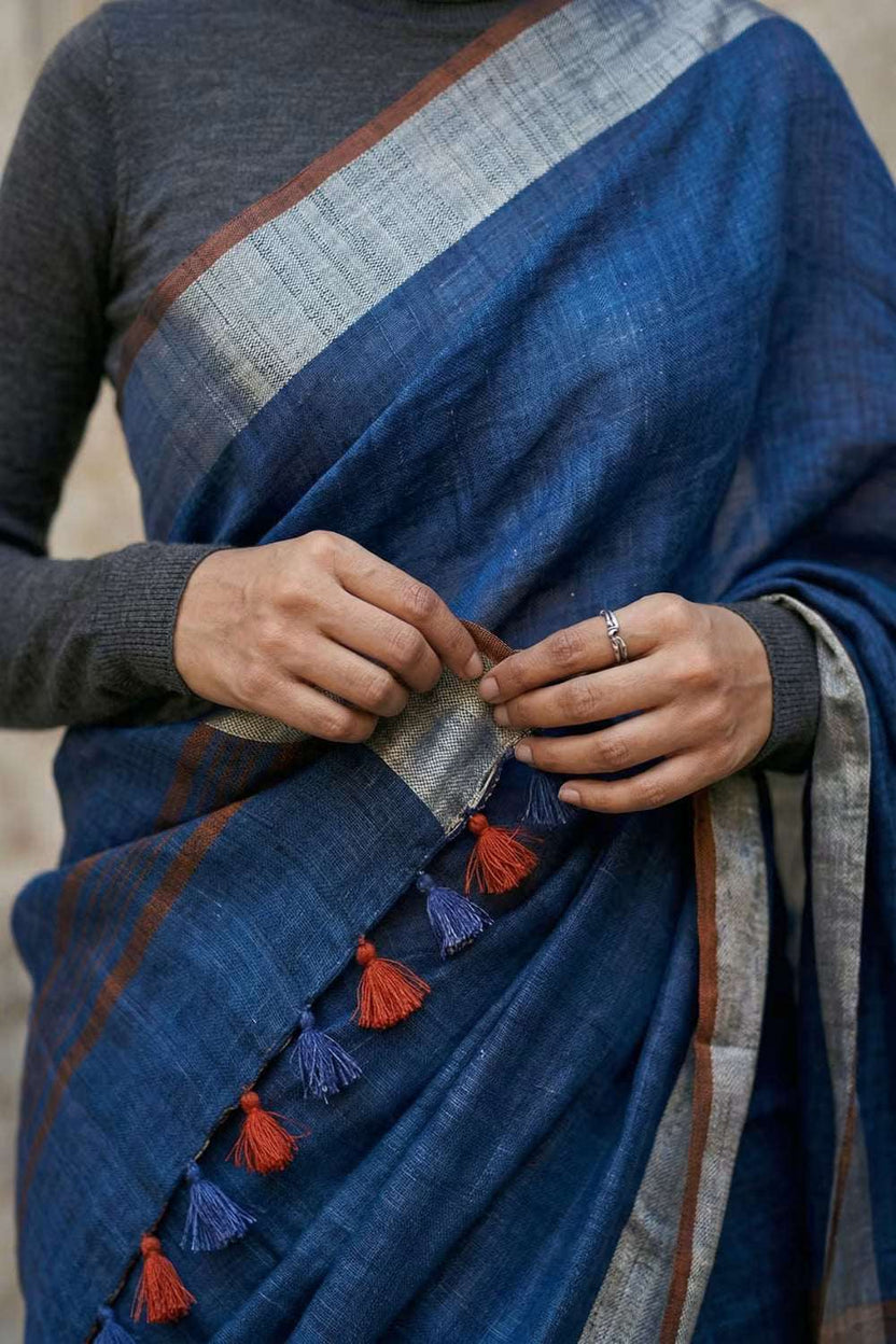 Pure Linen Saree with Zari Border & Tassel Pallu