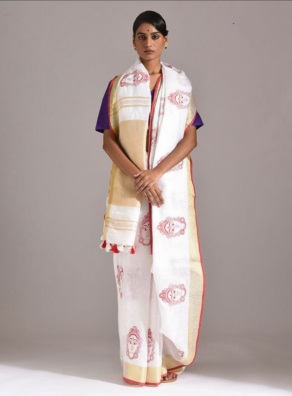 White Pure Linen Handloom Saree with Durga Embroidery & Zari Border