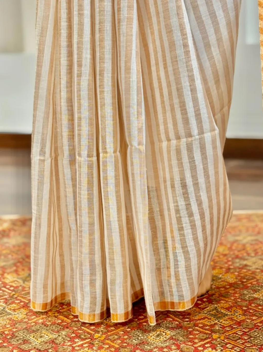Pure Handloom Linen Saree | White & Beige Stripes with Gold Zari Border