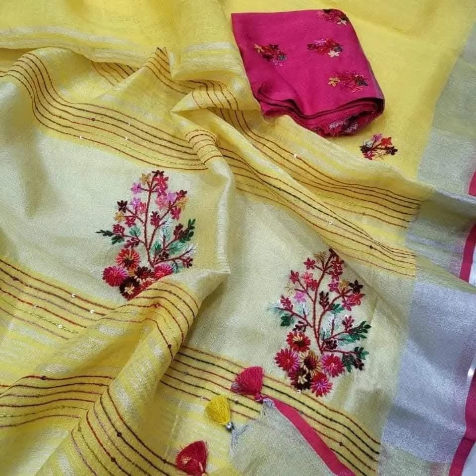 Handwoven Pure Linen Handwork Embroidery Saree – Lemon Yellow | Silver Zari Border