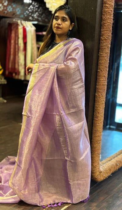 Tissue Linen Saree with Golden Zari Border