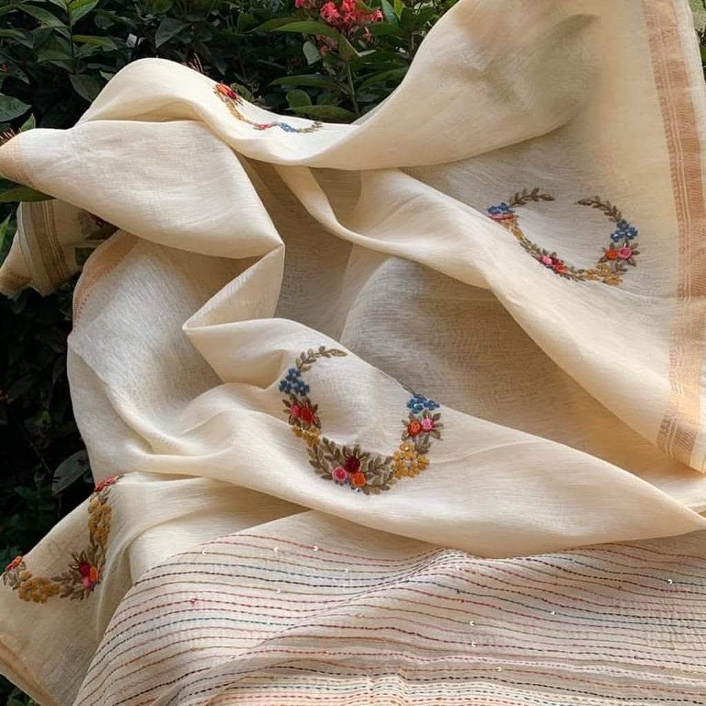Handwoven Kota Silk Linen Saree with Floral Wreath Hand Embroidery