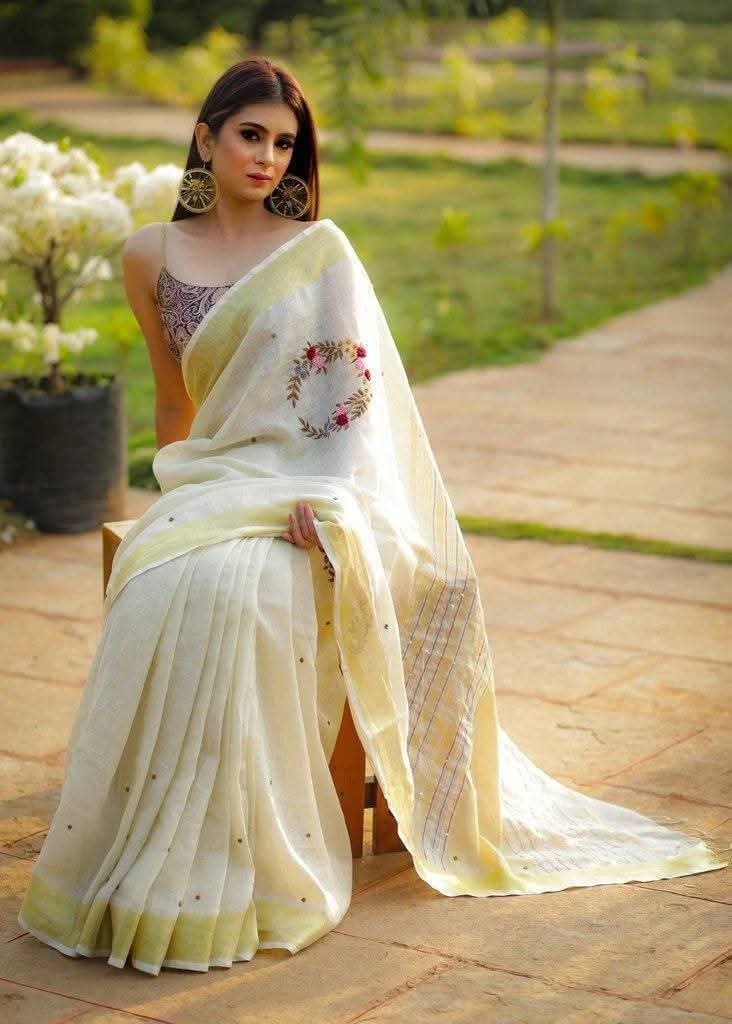 Handwoven Pure Linen Floral Wreath Handwork Embroidery Saree