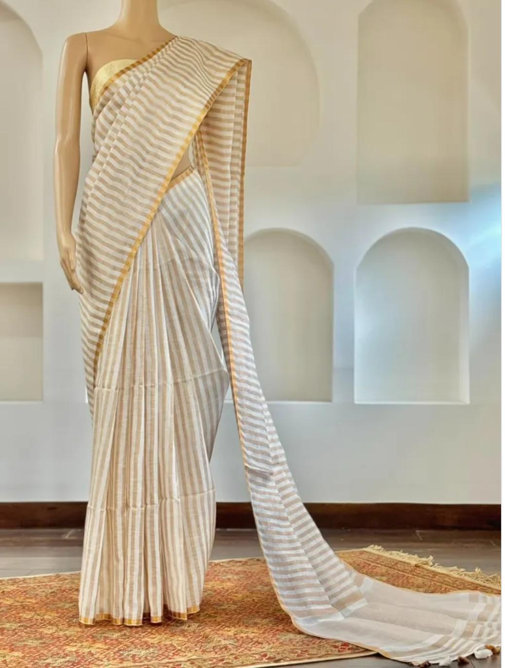 Pure Handloom Linen Saree | White & Beige Stripes with Gold Zari Border