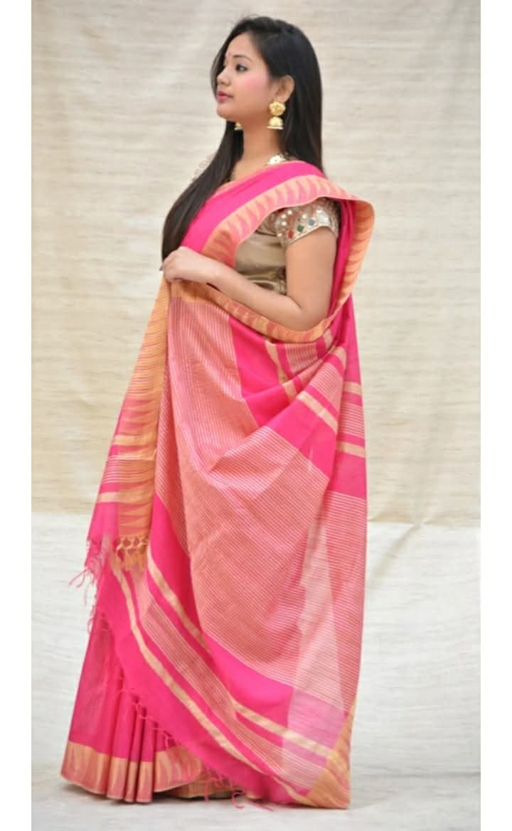 Handwoven Kota Silk Cotton Saree with Temple Border – Olive Green & Hot Pink